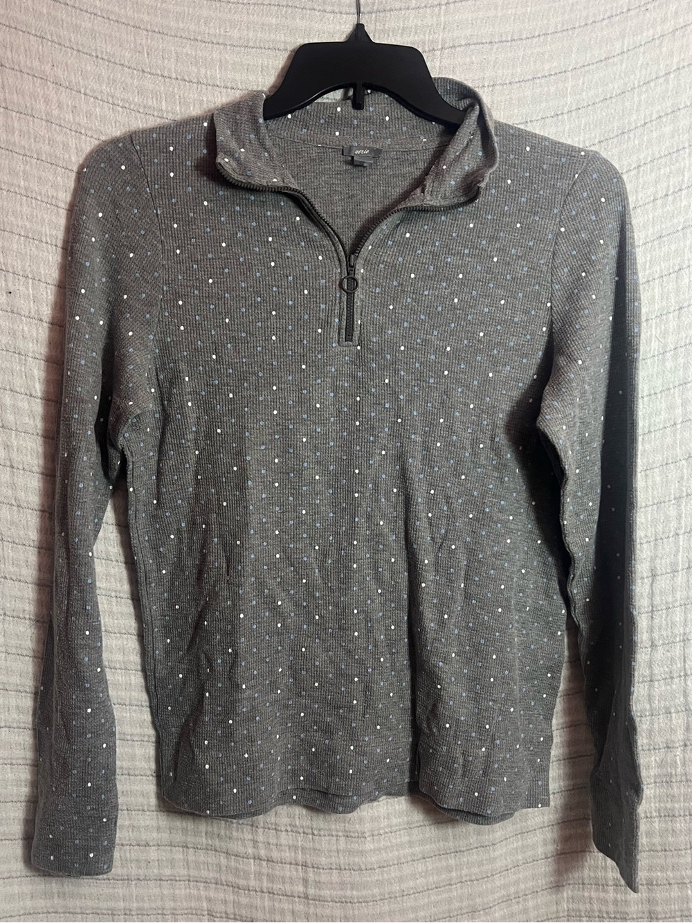 aerie Gray Long-Sleeve Quarter Zip Top with Tiny Dot Print